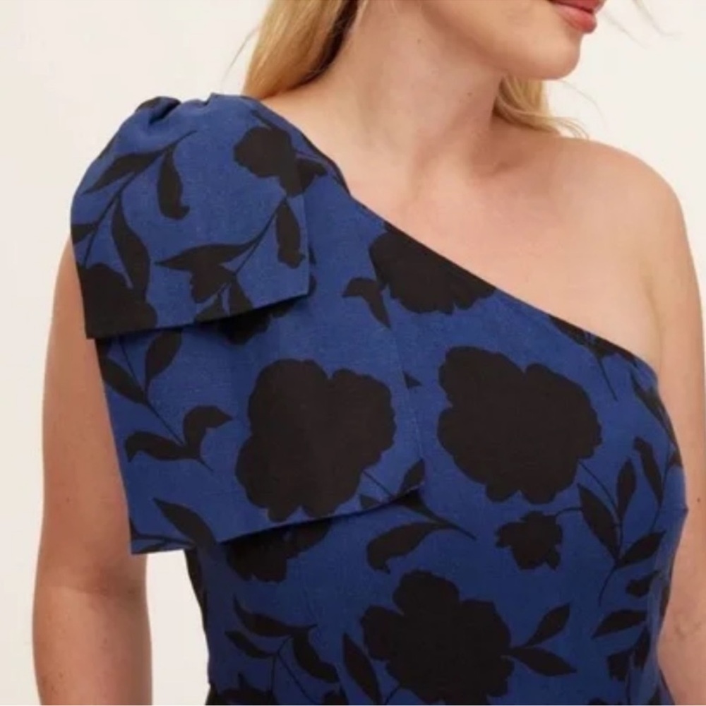 Kate Spade One-Shoulder Blue/Black Rose Floral Linen Jumpsuit NEW sz 8 - Picture 2 of 4